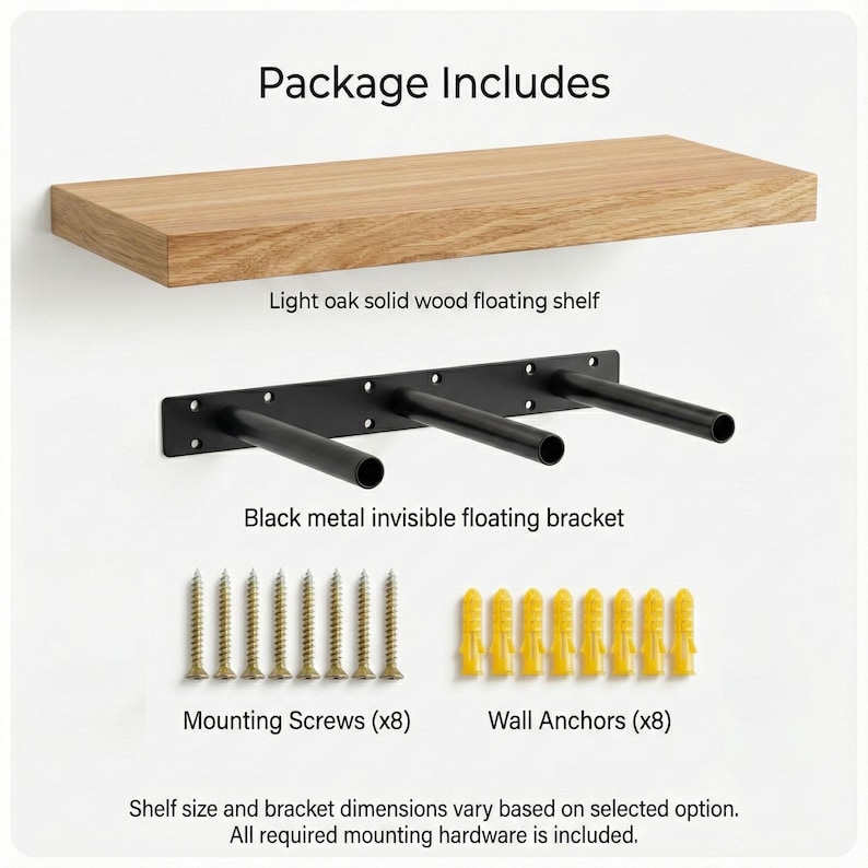 Pu&ograve; includere: Immagine che mostra i componenti di un kit di mensole sospese. Include una mensola galleggiante in legno massello di rovere chiaro, una staffa galleggiante invisibile in metallo nero, viti di montaggio e tasselli. Il testo "Package Includes" &egrave; visibile.