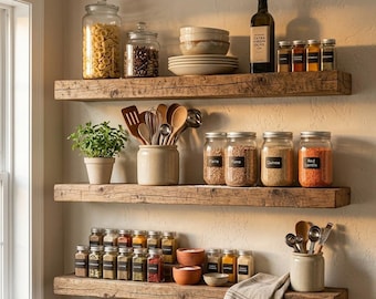 Set of 3 Reclaimed Wood Floating Shelves for Kitchen and Living Room