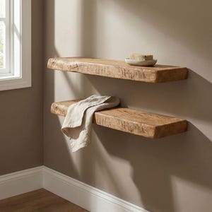 Pu&ograve; includere: Due mensole galleggianti in legno rustico montate su una parete beige. La mensola superiore contiene un piccolo piatto bianco con sapone, mentre la mensola inferiore ha un asciugamano di lino beige piegato. Le mensole hanno un aspetto naturale e non rifinito.