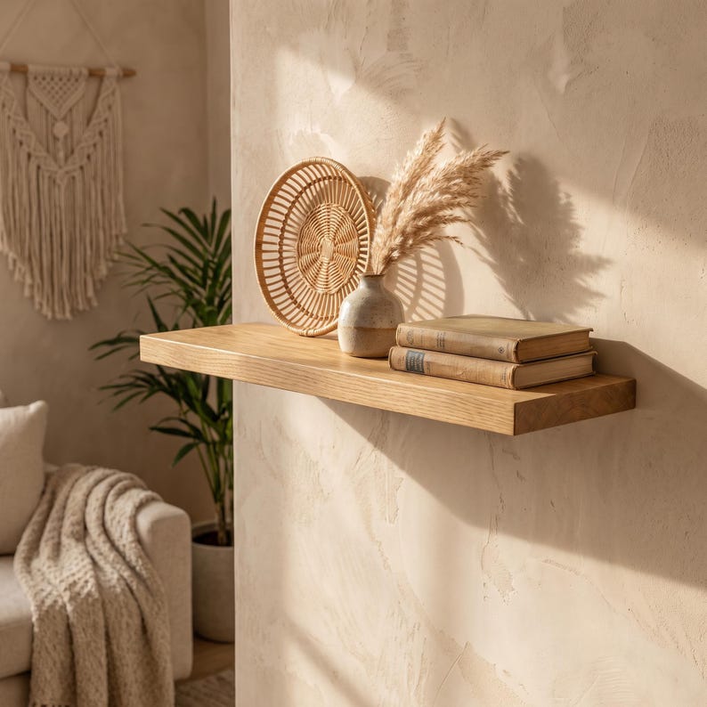 Oak Floating Shelf, Hidden Bracket Wall Decor, Scandinavian Bathroom Kitchen Storage, Rustic Custom Ledge image 10