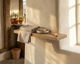 Oak Floating Shelf, Solid Oak Wood Wall Shelf, Straight Edge Minimal Shelf, Bathroom & Kitchen Wooden Shelf