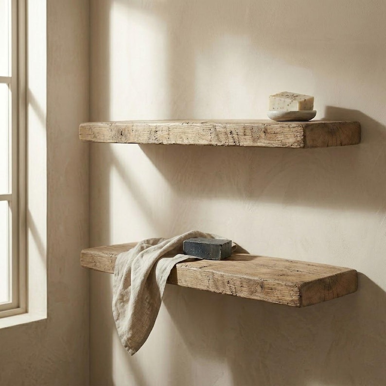 Pu&ograve; includere: Due mensole in legno rustico montate su una parete beige. La mensola superiore contiene un piccolo sapone chiaro su un piatto rotondo. La mensola inferiore ha un panno beige piegato e una saponetta grigio scuro. Le mensole sono in legno stagionato.
