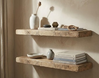 Set of 2 Live Edge Chestnut Wall Shelves, Rustic Natural Solid Chestnut, Farmhouse Bathroom Storage, Handmade Reclaimed Style
