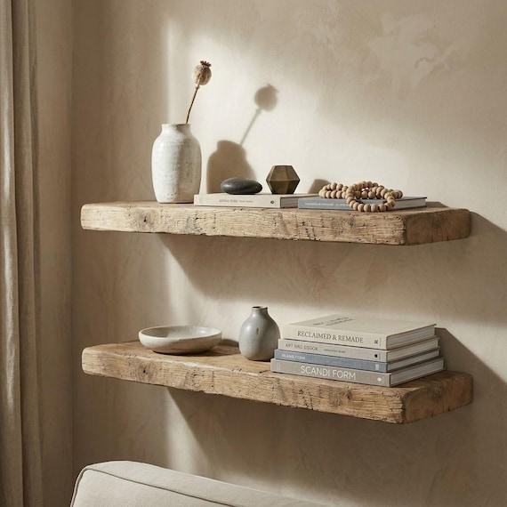 Set of 2 Live Edge Chestnut Wall Shelves, Rustic Natural Solid Chestnut, Farmhouse Bathroom Storage, Handmade Reclaimed Style