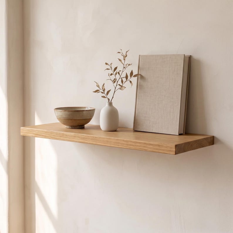 May include: A light-toned wooden floating shelf mounted on a wall. On the shelf sits a two-toned ceramic bowl with a dark base and light rim, a small white vase containing a delicate leafy branch, and a closed book with a textured beige cover.