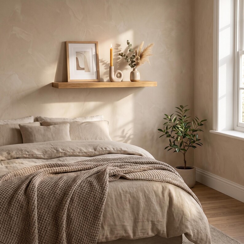 May include: A bedroom scene featuring a light wood floating shelf mounted on a beige wall. The shelf holds a framed abstract print, a beige ceramic candle holder with a yellow taper candle, and a small vase with dried pampas grass and eucalyptus.