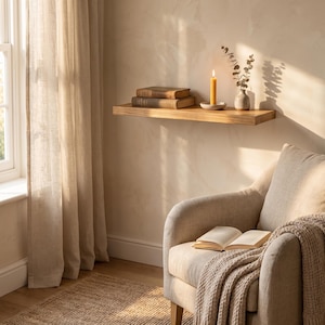 May include: A light brown wooden floating shelf mounted on a wall, holding two stacked hardcover books, a yellow pillar candle on a small plate, and a ceramic vase containing a dried eucalyptus stem, positioned above a beige upholstered armchair.