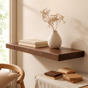 Peut inclure: Une étagère flottante en bois brun foncé fixée au mur. Sur l'étagère se trouvent deux livres beiges empilés et un vase en céramique de couleur claire contenant des fleurs séchées. Sous l'étagère, des dessous de verre carrés sont empilés.