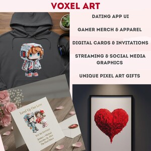 Puede incluir: Un anuncio de diseños de arte voxel. La imagen presenta una sudadera con capucha gris con un personaje pixelado, una invitación de boda y un corazón pixelado enmarcado. El texto incluye "Level Up Your Designs With Voxel Art."