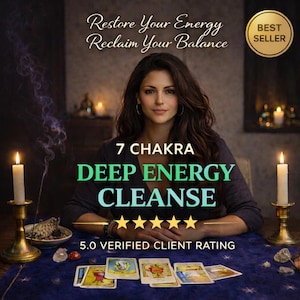 Op de afbeelding: Een afbeelding met een vrouw met lang bruin haar, met de tekst "7 CHAKRA DEEP ENERGY CLEANSE". De afbeelding bevat ook de tekst "Restore Your Energy, Reclaim Your Balance" en "5.0 VERIFIED CLIENT RATING."