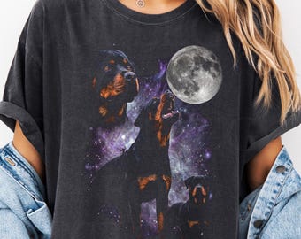 ロットワイラーが月に吠えるオーバーサイズダメージシャツ、面白いロットワイラーグラフィックTシャツ、レトロヴィンテージY2K90年代スタイル