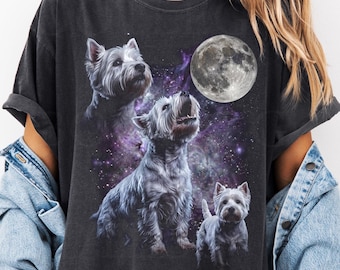 ヴィンテージ スリー ウエストハイランド ホワイト テリア ムーン シャツ、ウェスティ ドッグ ギャラクシー Tシャツ、男女兼用 Tシャツ。宇宙犬好きへのギフト、可愛いウェスティ