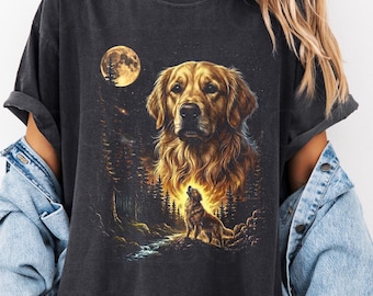 ゴールデンレトリバーが月に吠えるTシャツ、グラフィック犬好きのためのシャツ、ゴールデンママへのギフト、90年代ヴィンテージの満月犬Tシャツ。オーバーサイズTシャツ