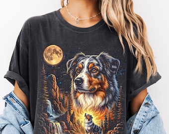 オーストラリアン・シェパード・ドッグTシャツ、オージー・ドッグTシャツ、ハウリング・ドッグ・ムーンTシャツ、犬好きへのギフト、牧羊犬、ペット好きへのギフト、かわいい子犬Tシャツ