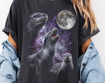 Three Leopard Seal Retro T-shirt, Funny Moon Ocean Animal Graphic Tee, Celestial Mammal Lover Gift. Unique Marine Wildlife Top