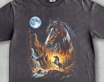 ホースTシャツ、ウエスタンカウボーイTシャツ、ムーンライトホースグラフィックトップ、素朴なカントリーシャツ、野生の馬。ヴィンテージワイルドマスタングギフト、90年代ホースシャツ