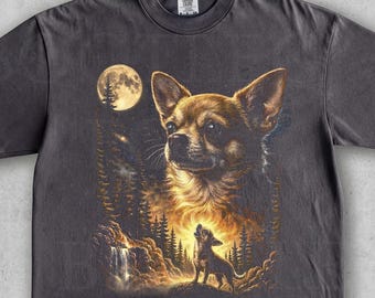 月に向かって吠えるチワワのヴィンテージTシャツ、90年代風レトロアニマルグラフィックTシャツ、チワワママへのギフト、満月の動物Tシャツ、おどける犬シャツ