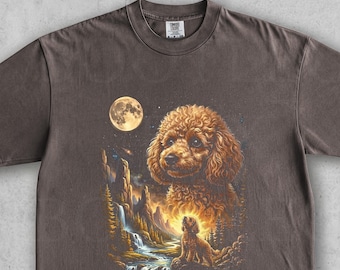 プードルが月に吠えるTシャツ、プードル愛好家へのグラフィックTシャツ、プードルママへのギフト、キュートな巻き毛犬Tシャツ、90年代ヴィンテージの満月プードルTシャツ