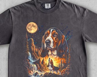 バセットハウンドが月に吠える。ヴィンテージドッググラフィックTシャツ。ペット好きへのギフト。オーバーサイズストリートウェアナイトスカイ。星柄ユニセックス90年代Y2K Tシャツ