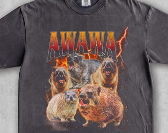 アワワシャツ、面白いハイラックスミームTシャツ、男性女性向けの面白い動物グラフィックTシャツ、彼/彼女へのギフト。ヴィンテージ風のダメージ加工コンフォートカラーTシャツ