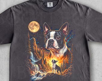 ボストンテリアが月に吠える。ヴィンテージペットグラフィックTシャツ。面白い犬へのギフト。オーバーサイズストリートウェアワイルドナイト。星柄ユニセックスクールプリントトップス