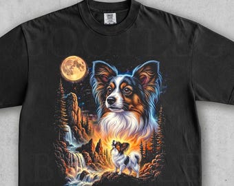 パピヨンが月に吠える。ヴィンテージドッググラフィックTシャツ。面白いペット好きへのギフト。オーバーサイズストリートウェアワイルドナイト。星柄ユニセックス90年代Y2K Tシャツ