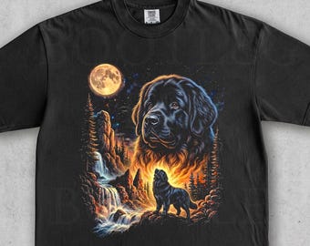 ニューファンドランド犬が月に吠える。ヴィンテージドッググラフィックTシャツ。面白いペット好きへのギフト。オーバーサイズストリートウェアナイト。星柄ユニセックス90年代Y2K Tシャツ