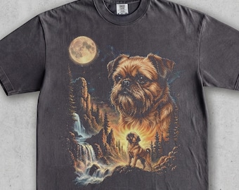 Brussels Griffon Vintage Tee Moon Night Forest. Retro Canyon Waterfall Wildlife Scene. Cute Dog Lover Gift. 90s Washed Comfort Colors®