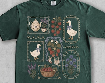90s Goose Cottagecore Vintage Tee Garden Collage. Retro Floral Strawberry Wildflower Scene. Cute Goose Lover Gift.  Washed Gardening  Top