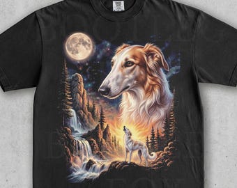 Borzoi Howling Vintage Tee Moon Night. Retro Forest Waterfall Wildlife Scene. Wild Dog Lover Gift. 90s Washed Comfort Colors® Graphic