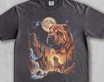 Chinese Shar Pei Howling Vintage Tee Moon Night. Retro Forest Waterfall Scene. Cute Dog Lover Gift. 90s Washed Comfort Colors® Graphic
