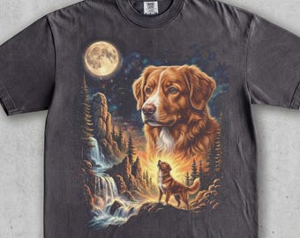 Nova Scotia Duck Tolling Retriever Moon Vintage Tee Howling Night Forest. Retro Waterfall Wildlife Scene. 90s Washed Duck Tolling Gift.
