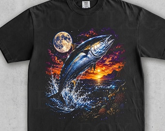 Vintage Bluefin Tuna Leaping Moonlit Ocean Sunset. Funny Tuna Fishing Lover Gift. Coastal Night. 90s Washed Comfort Colors® Graphic T-Shirt