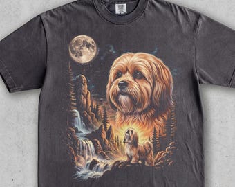 Lhasa Apso Moon Vintage Tee Forest Night. Retro Waterfall Wildlife Scene. Cute Dog Lover Gift. 90s Washed Comfort Colors® Graphic T-Shirt
