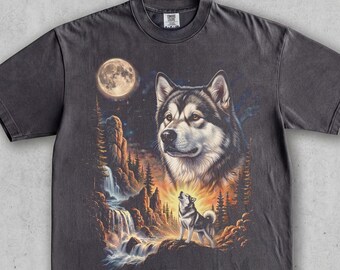 Malamute Howling Vintage Tee Moon Night Forest. Retro Waterfall Wildlife Scene. Wild Dog Lover Gift. 90s Washed Comfort Colors® Graphic