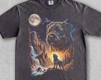 Bouvier des Flandres Vintage Tee Moon Night Forest. Retro Waterfall Wildlife Scene. Cute Dog Lover Gift. 90s Washed Comfort Colors® Graphic