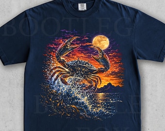 Crab Moon Vintage Sunset Ocean. Retro Coastal Wildlife Scene. Cute Marine Animal Lover Gift. 90s Washed Comfort Colors® Graphic T-Shirt