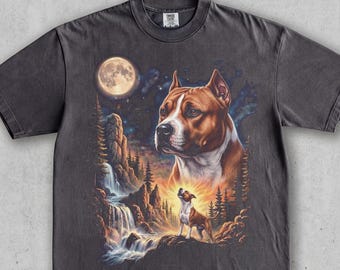 Amstaff Howling Vintage Tee Moon Night Forest. Retro American Staffordshire Terrier T-Shirt. 90s WashedGraphic Wild Dog Lover Gift.