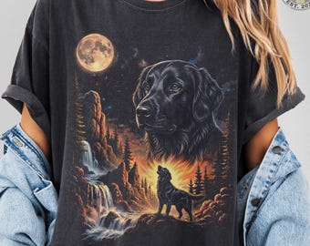 Flat-coated Retriever Howling Vintage Tee Moon Night Forest. Retro Wildlife Scene Waterfall Rocky Ridge. Lover Gift. 90s Washed Comfort