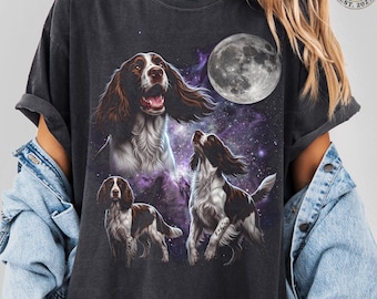 Vintage Three English Springer Spaniel Moon. Funny Dog Lover Owner Gift. Cosmic Galaxy Night. 90s Washed Comfort Colors® Graphic T-Shirt