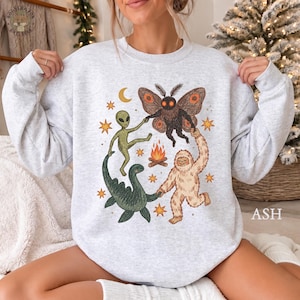 Vintage Dancing Cryptids Sweatshirt and Shirt. 90s Bigfoot Mothman Alien and Nessie Campfire Tee.Weirdcore Cryptid Gift.Halloween Graphic.