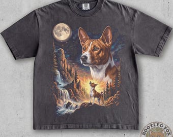 Basenji Howling Vintage Tee Moon Night Forest. Retro Waterfall Wildlife Scene. Wild Dog Lover Gift. 90s Washed Comfort Colors® Graphic