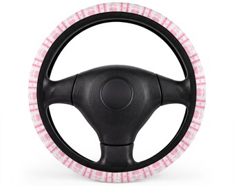 Funda para volante de coche con estampado Fair Isle y lazo rosa / Diseño de punto nórdico acogedor