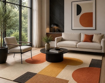 Modern Abstract Area Rug, Geometric Tufted Wool Carpet for Living Room Decor