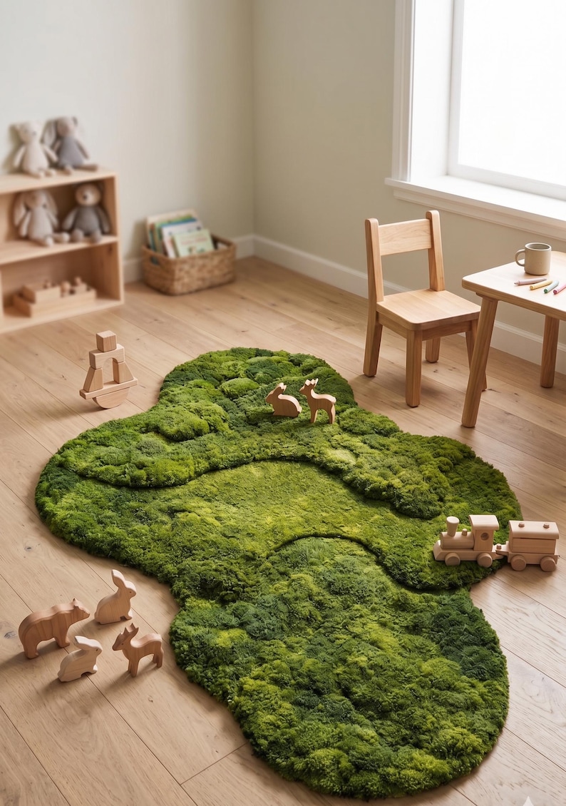 May include: A green, moss-like rug in a child's room, shaped like a stylized landscape. Wooden toy animals and a train are scattered on the rug. A small wooden table and chair are nearby.