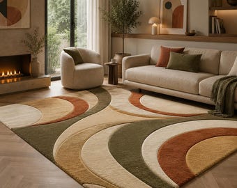 Moderner Abstrakter Teppich, Geschwungener Geometrischer Tufted Teppich, Zeitgenössisches Wohnzimmer