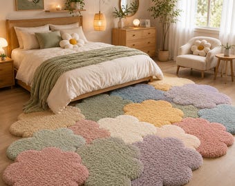 Muted Pastel Flower Rug for Girls Room, Puffy Daisy Area Rug, Soft Kids Bedroom Carpet