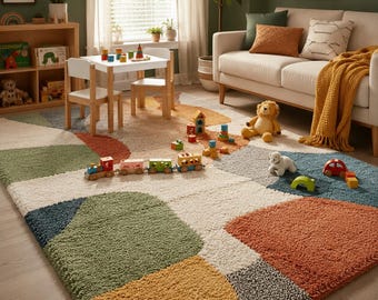 Bunter Kinder Spielzimmer Teppich Handgemachter Tufted Kindergarten Teppich Weicher Geometrischer Bereich Teppich