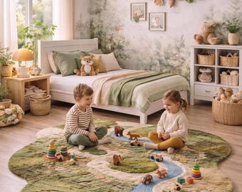 Handgetufteter Wollteppich, Nature River Design, Spielzimmer Teppich mit organischer Form