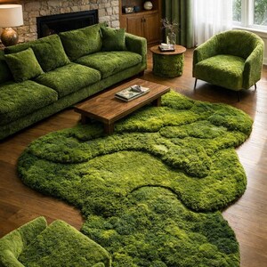 May include: A living room set featuring a green, textured sofa, armchair, and ottoman. A large, organic-shaped green rug covers the floor. A wooden coffee table and side table complete the cozy, nature-inspired space. The room has a fireplace and a large window.